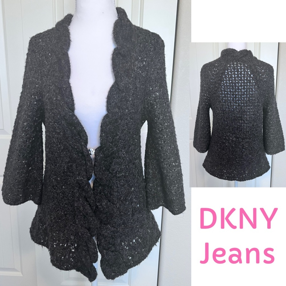 DKNY Charcoal Crochet Cardigan Bell Sleeve Alpaca Wool Blend Sz Medium